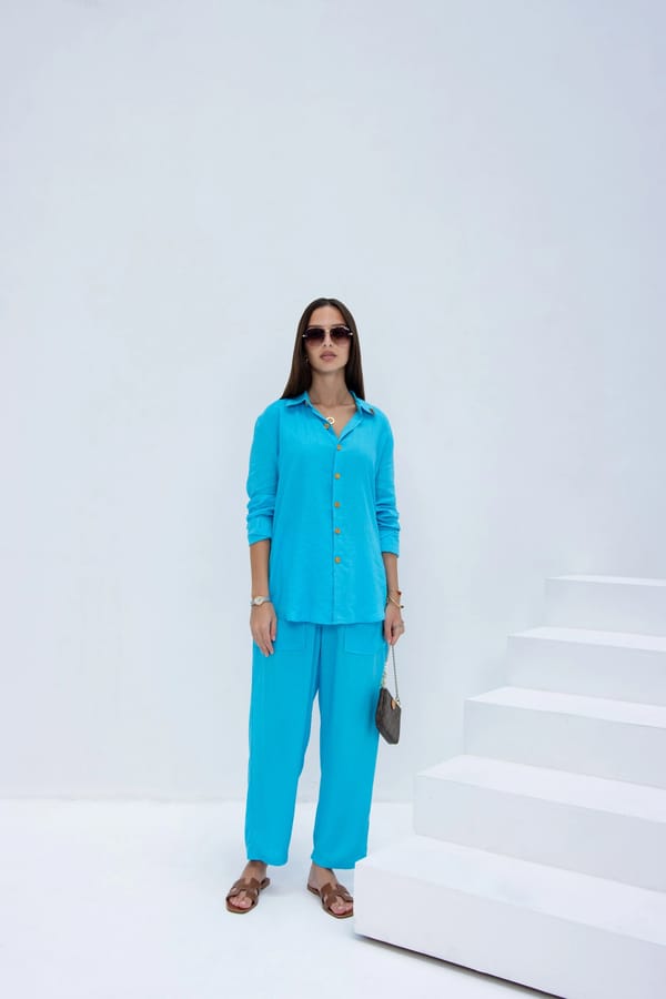 Linen Set  (shirt, trouser, short) - Blue