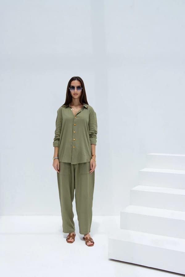 Linen Set  (shirt, trouser, short) - Olive Green