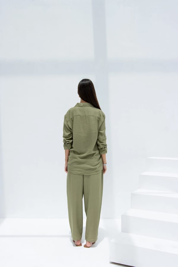 Linen Set  (shirt, trouser, short) - Olive Green