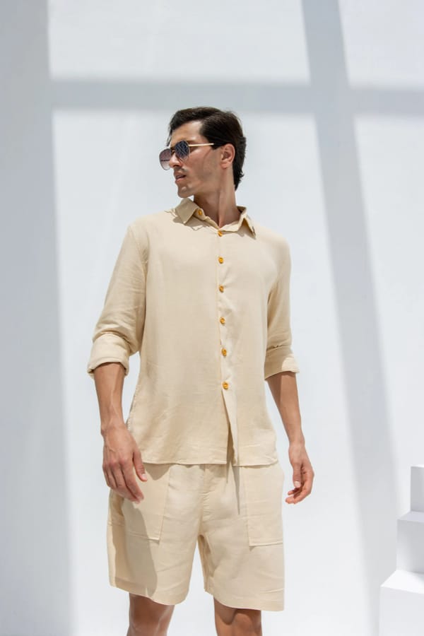 Linen Set  (shirt, trouser, short) - Beige
