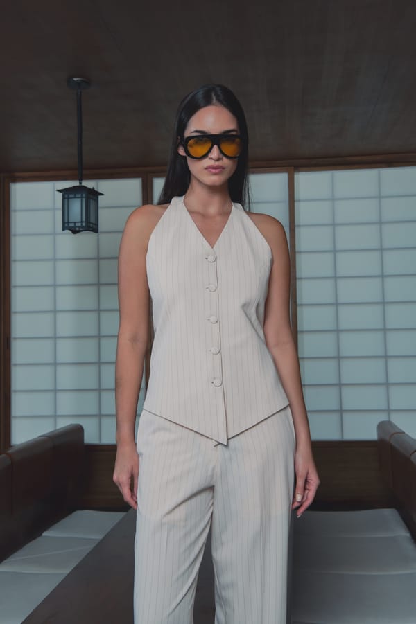 Ivory Pinstripe Halter Trouser Set - Trouser