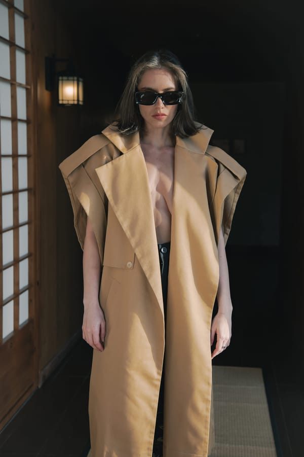 Camel Layered-Lapel Coat And Black Shorts Set