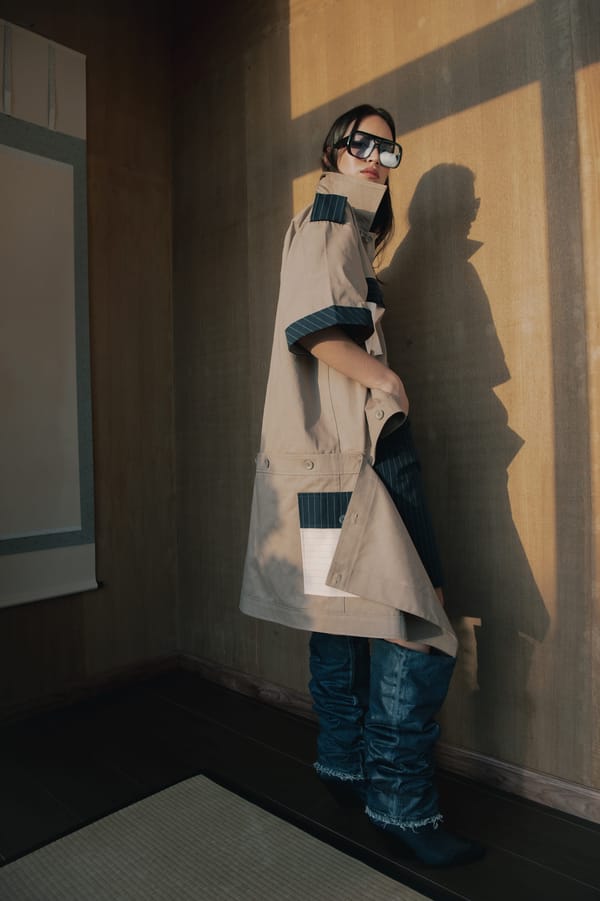 Beige And Midnight Blue Convertible Trench Jacket Set