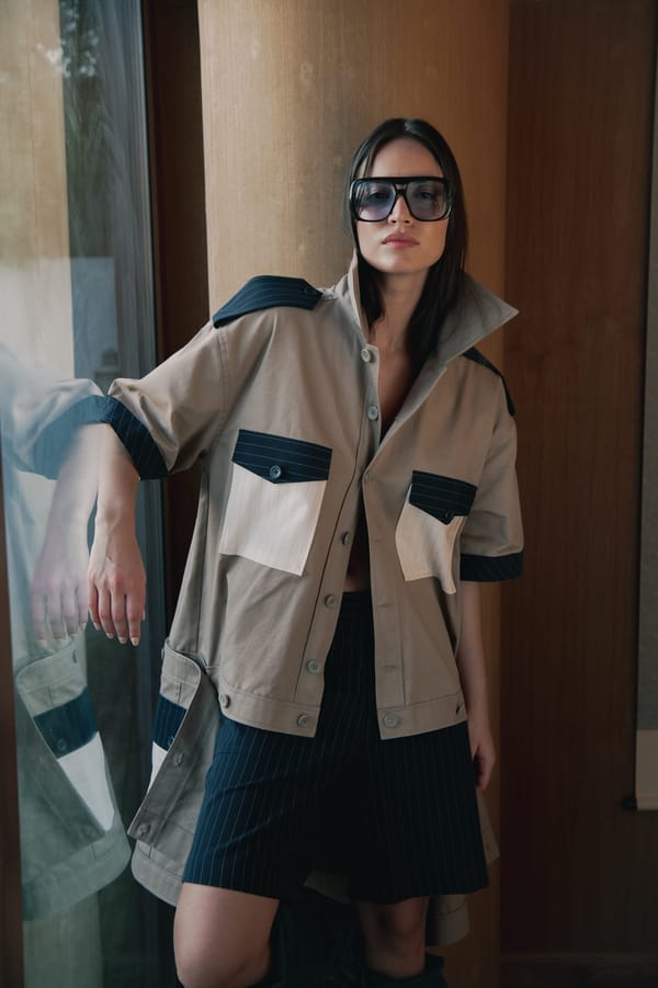 Beige And Midnight Blue Convertible Trench Jacket Set