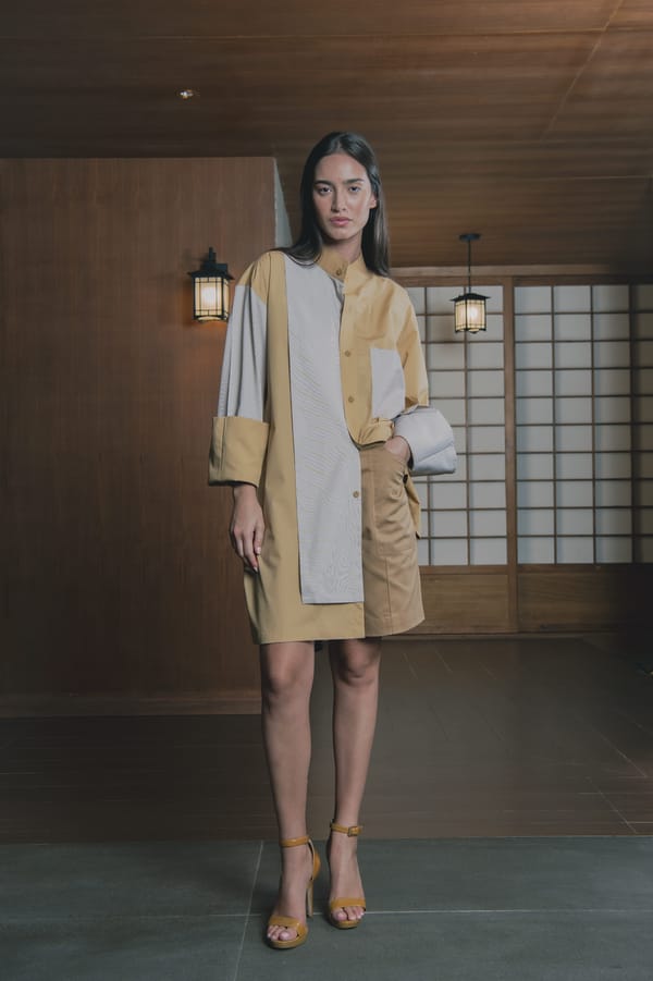 Camel And Ivory Panelled Long Shirt And Tailored Shorts Set