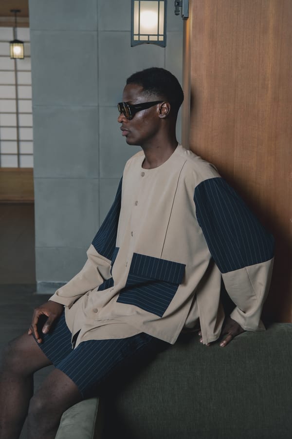 Sand And Midnight Blue Jacket-Effect Shirt Set