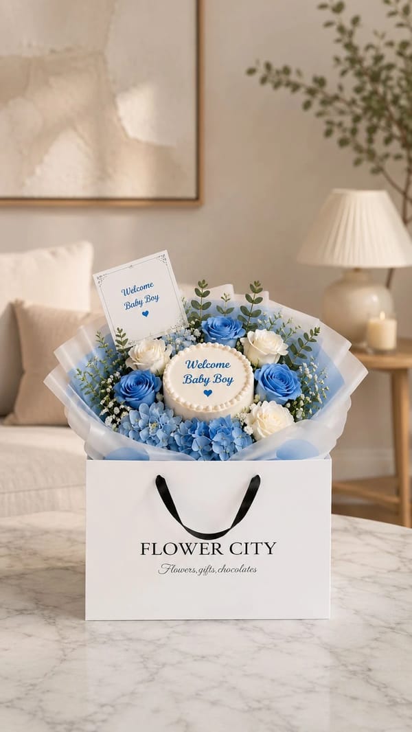 WELCOME BABY BOY CAKE AND FLOWERS