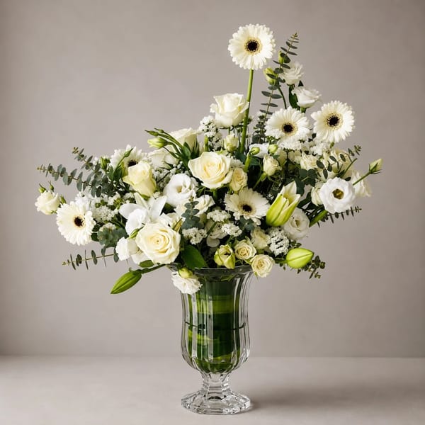 CLEAR VASE WITH WHITE FLOWERS