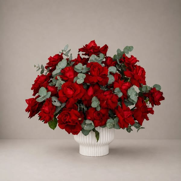 CERAMIC WITH RED ROSES AND EUCALYPTUS