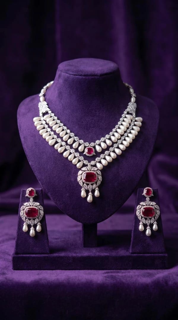 Necklace Jewellery Set 1110 - Pearl with Red Stone