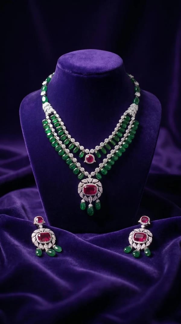 Necklace Jewellery Set 1110 - Green with Red Stone