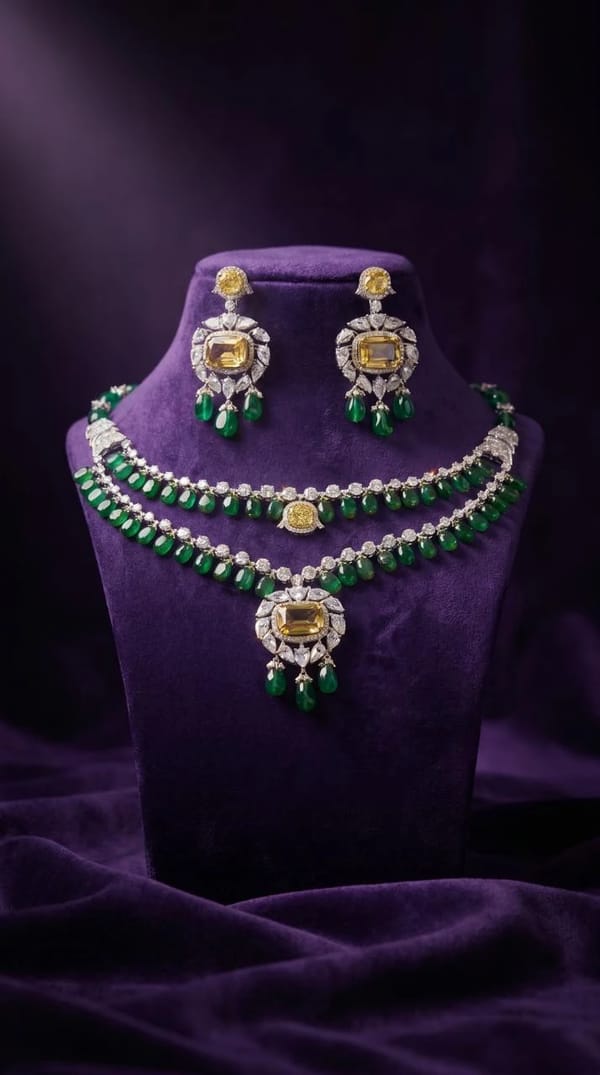 Necklace Jewellery Set 1110 Green with Yellow Stone