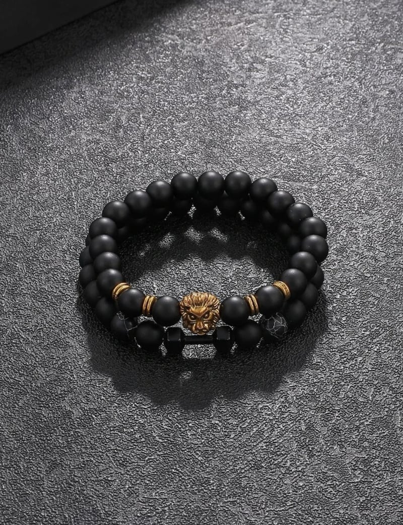 2 Pieces Men Lion Head Style Beaded Bracelet