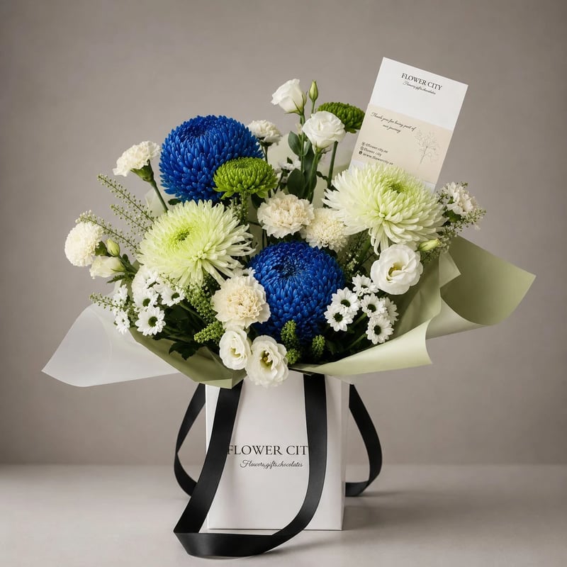MIX OF BLUE AND WHITE BOUQUET WITH GREEN