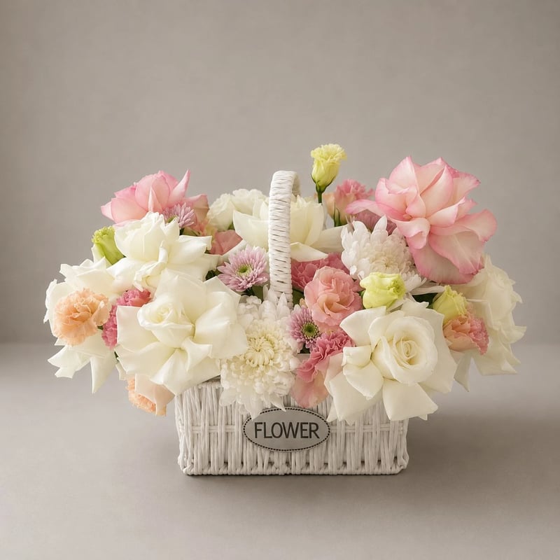 BABY PINK AND WHITE FLOWERS IN A BASKET